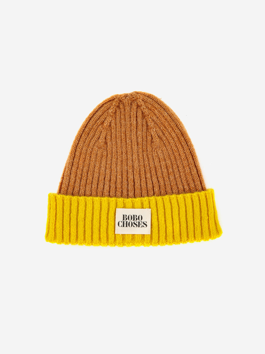 COLOR BLOCK BEANIE - BROWN AND YELLOW