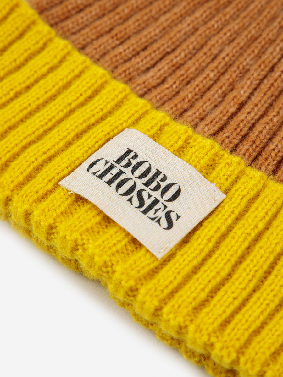 COLOR BLOCK BEANIE - BROWN AND YELLOW